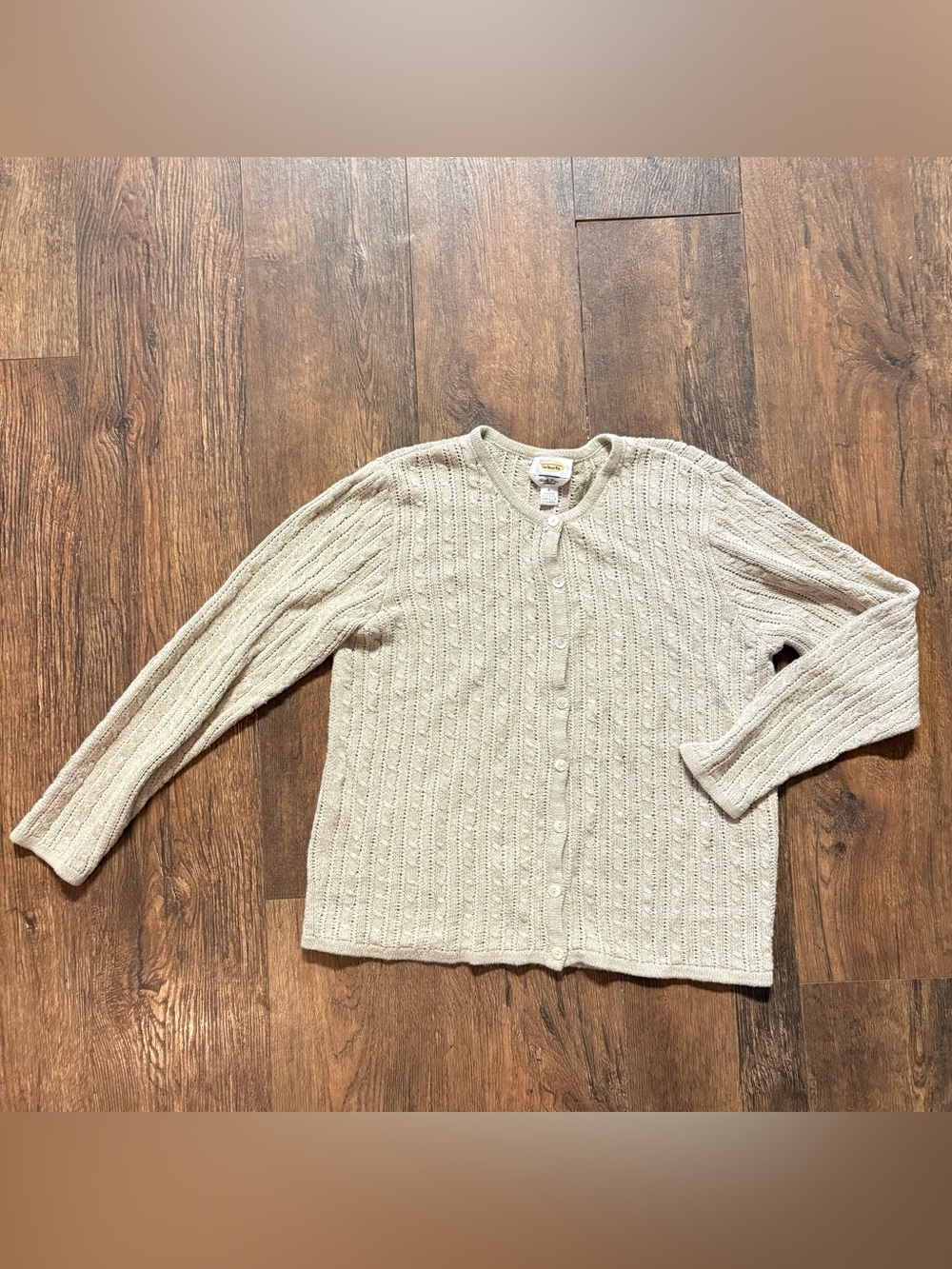 Talbots Irish Linen Blend Beige Taupe cable knit cardigan